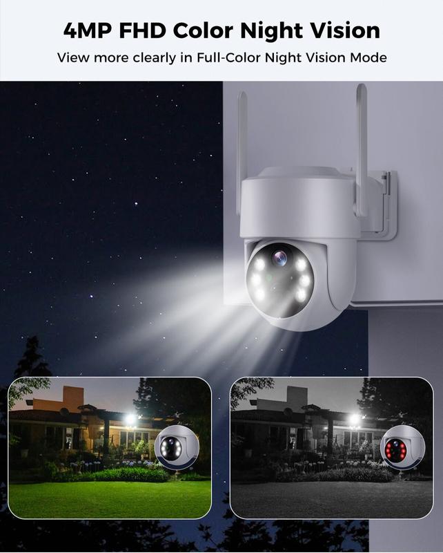 4MP Solar Security Cameras Wireless Outdoor, 100% Wire-Free, Battery Powered Camera, 360° View, Pan & Tilt, PIR Motion Detection, 2-Way Audio, Cloud SD, Color Night Vision & Spotlights, Only 2.4G WiFi