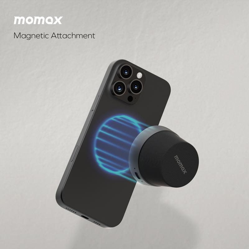 MOMAX Magnetic Portable Wireless Speaker, Mini Portable Wireless Speaker, 12-Hour Playtime, TWS Stereo Sync, Mobile Phone Holder 360° Surround Sound  Audio Smartphone