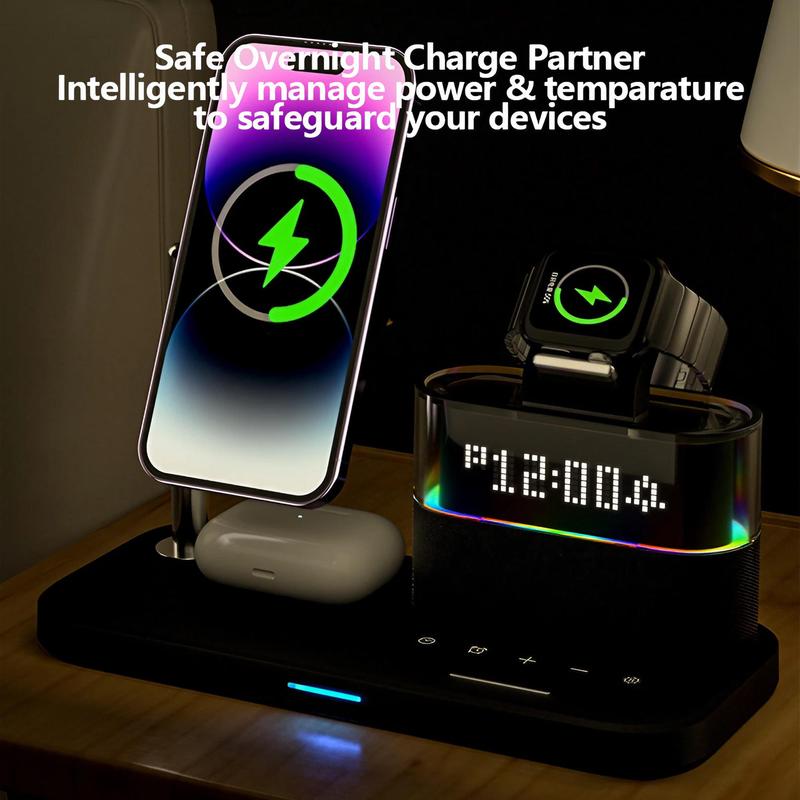 5-in-1 Wireless Charger for Smartphone, Multifunctional Wireless Charging Stand with Clock, Magnetic Electronic Wireless Charger Stand for iPhone 15 14 13 12, Apple Watch Series & Airpods, Mobile Phone Charging Accessories