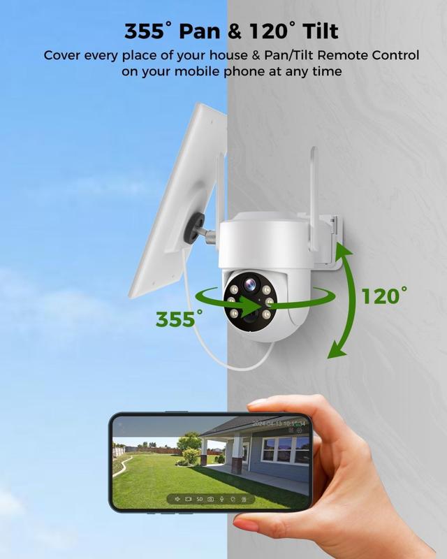 4MP Solar Security Cameras Wireless Outdoor, 100% Wire-Free, Battery Powered Camera, 360° View, Pan & Tilt, PIR Motion Detection, 2-Way Audio, Cloud SD, Color Night Vision & Spotlights, Only 2.4G WiFi