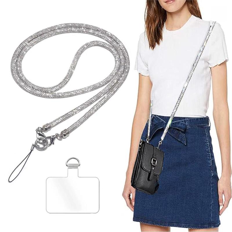 Fashion Rhinestone Decor Crossbody Phone Chain with Tether Pad, Anti-lost Phone Lanyard with Clip, Universal Phone Strap for Most Mobile Phones and Bags