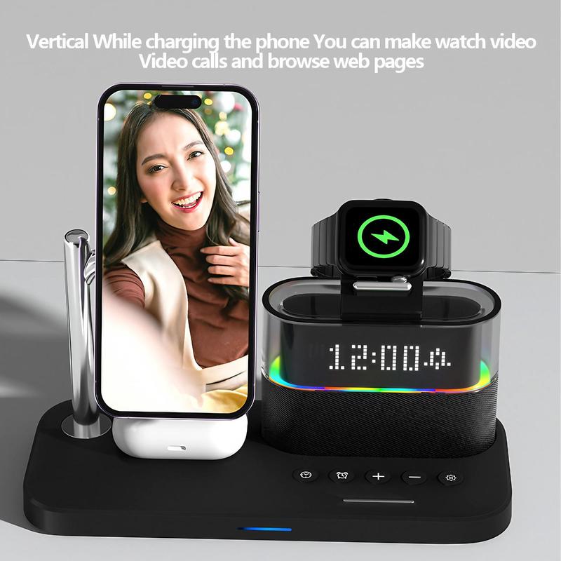 5-in-1 Wireless Charger for Smartphone, Multifunctional Wireless Charging Stand with Clock, Magnetic Electronic Wireless Charger Stand for iPhone 15 14 13 12, Apple Watch Series & Airpods, Mobile Phone Charging Accessories