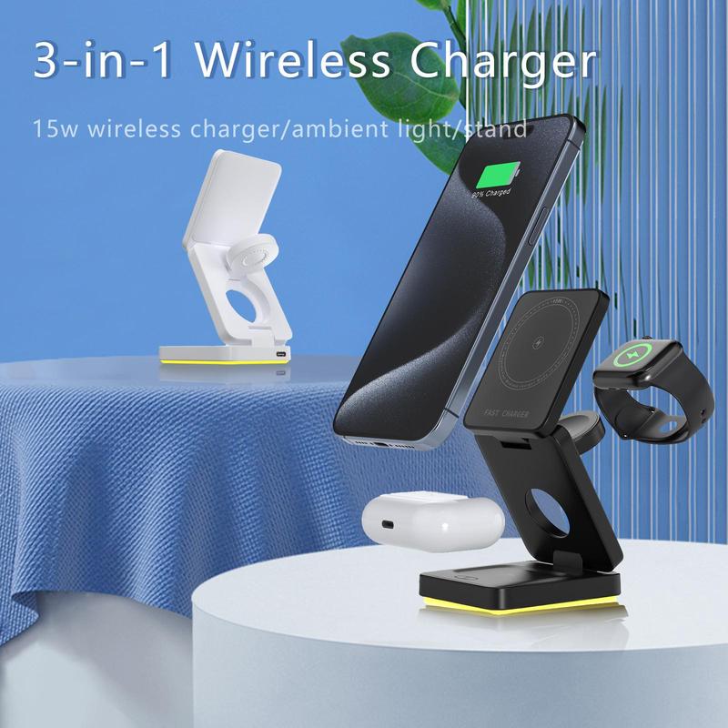 PENGTENG 3 in 1 Wireless Charger, Foldable Charger Stand, 15W Fast Wireless Charging Station for iPhone 16 15 14 13 12 Pro Pro Max Mini Plus Series, Apple Watch, AirPods Pro