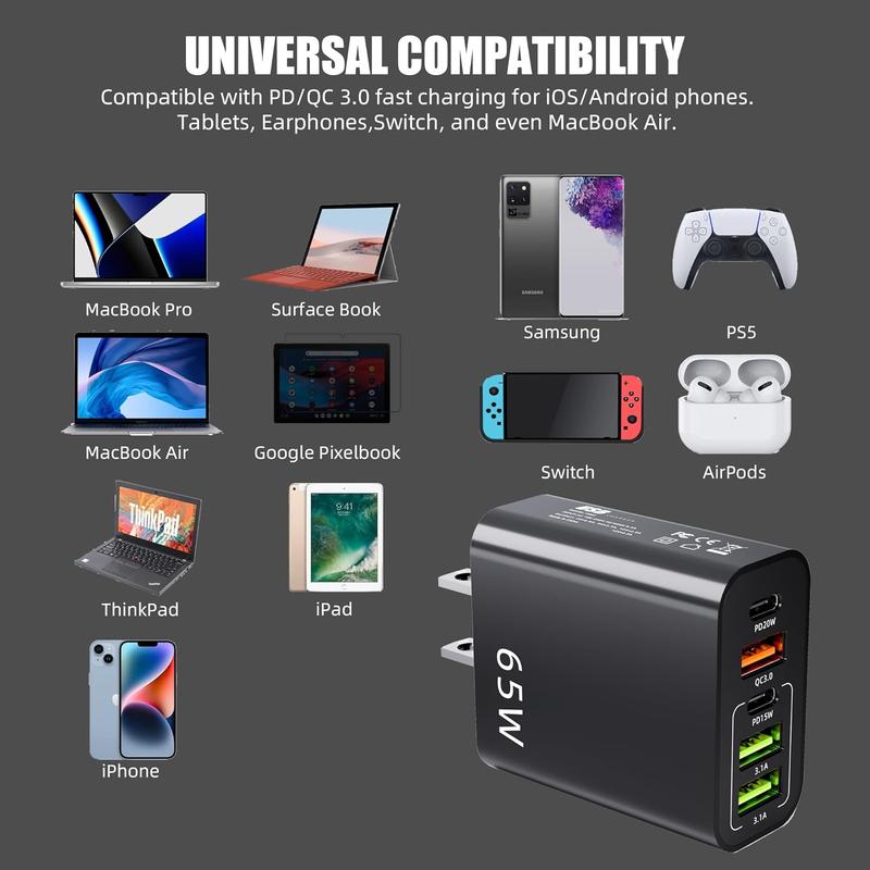 65W Universal 5 Ports USB C Wall Charger, 2PD & 3USB Fast Charging Portable Adapter , Multiport Travel Smartphone Charger for iPhone, iPad, Samsung, Cell Phone, Tablet, Samsung Phone Accessories