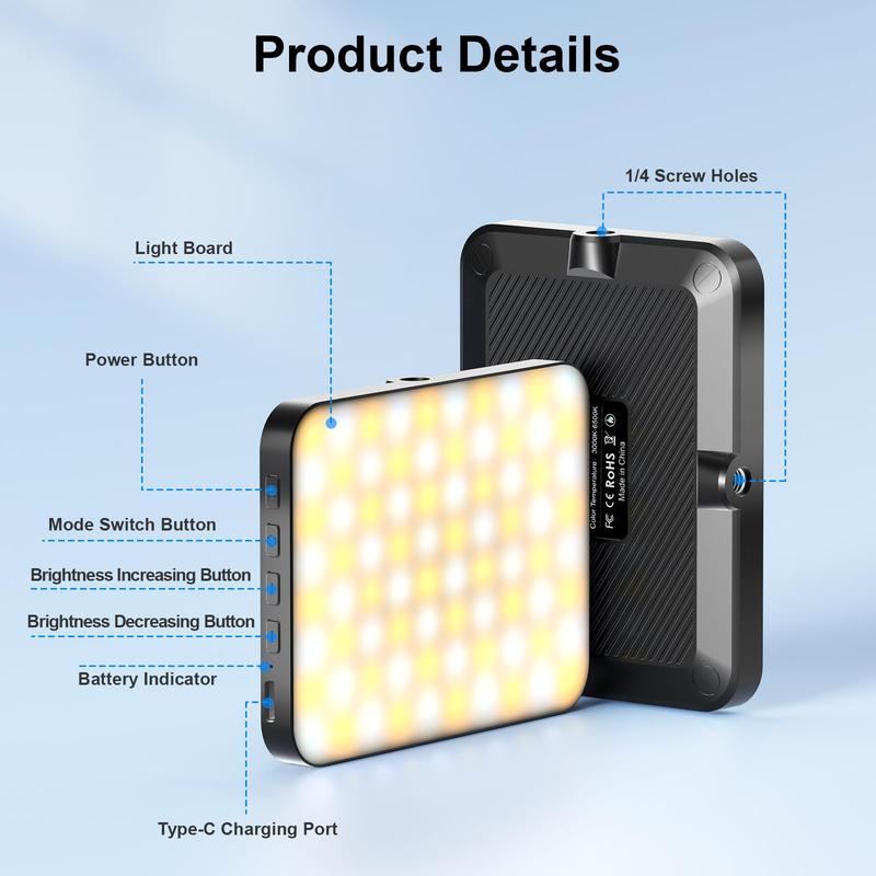 60 LED Selfie Light,High Power Rechargeable light ,Clip Fill Video Conference Light with Front & Back Clip, Adjusted 3 Light Modes for Phone, iPhone, Android, iPad, Laptop, for Makeup, Selfie, Vlog Accessories Mobile