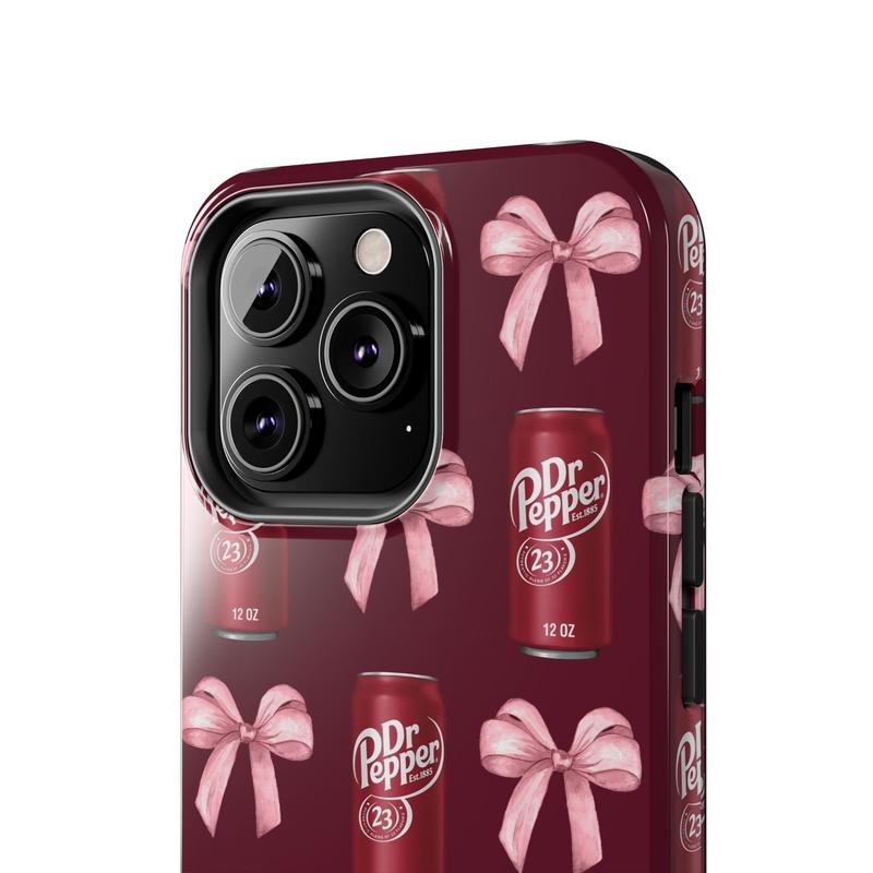 DrPepper Tough Phone Case, Soda, Cute Pink Bow Collage Phone Cover, Aesthetic Girly for all iPhone 16 15 14 13 12 11 X & more Accessories