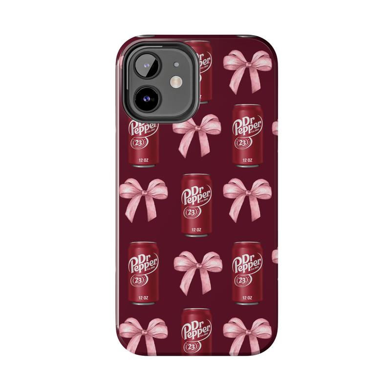 DrPepper Tough Phone Case, Soda, Cute Pink Bow Collage Phone Cover, Aesthetic Girly for all iPhone 16 15 14 13 12 11 X & more Accessories