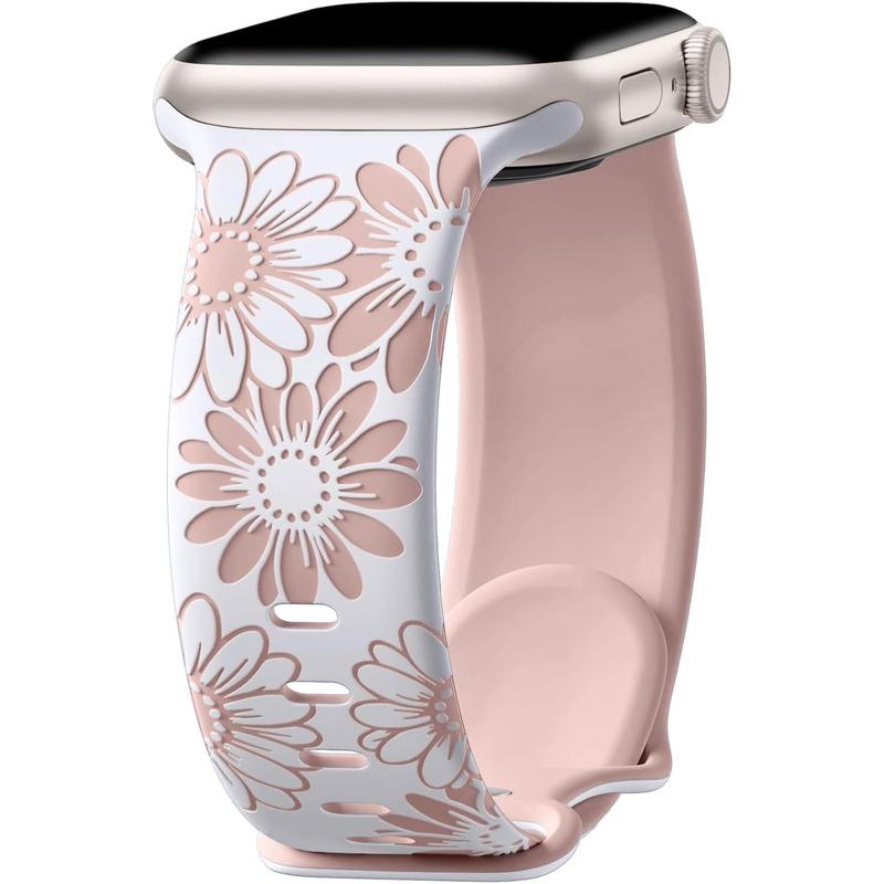 Floral Engraved Band Compatible with Apple Watch Band 40mm 38mm 41mm 42mm 44mm 45mm 46mm 49mm, Soft Silicone Cute Two-Tone Flower Sport Strap for iWatch Bands Women Series 10 9 8 7 6 5 4 3 2 1 SE Ultra Ultra 2 Wearable