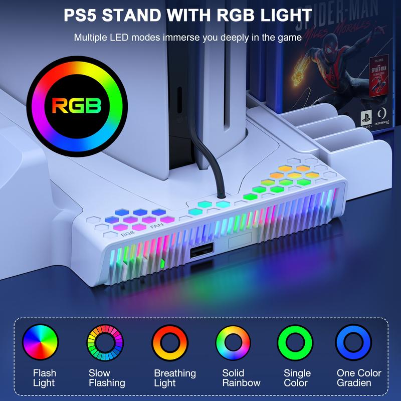 PS5 Cooling Stand for PS5 Slim Disc Digital Cooling Station Multifunctional Stand with 2 Dual Gamepad Charger, RGB Light Accessories Console