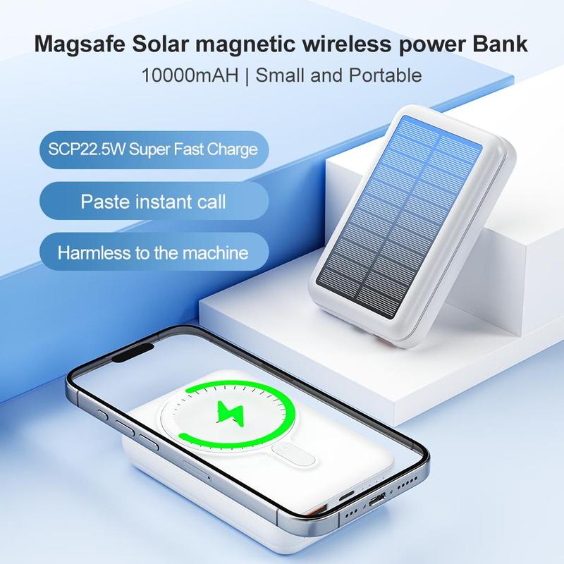 Solar Powered Power Bank, 10000mAh Magnetic Wireless Portable Mini Power Bank, 15W Wireless Charging Type-C Input Power Bank for iPhone & Android Phones, Stocking Fillers Gift, Smartphone Accessories