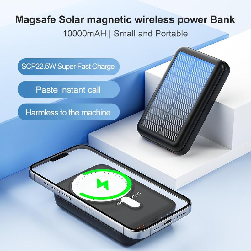 Solar Powered Power Bank, 10000mAh Magnetic Wireless Portable Mini Power Bank, 15W Wireless Charging Type-C Input Power Bank for iPhone & Android Phones, Stocking Fillers Gift, Smartphone Accessories