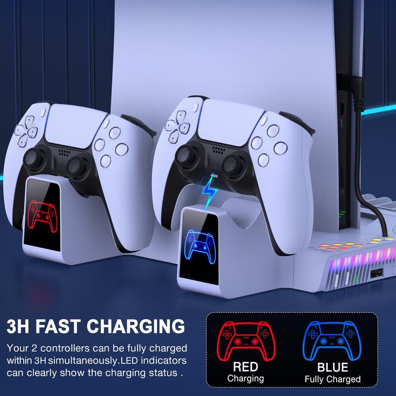 PS5 Cooling Stand for PS5 Slim Disc Digital Cooling Station Multifunctional Stand with 2 Dual Gamepad Charger, RGB Light Accessories Console