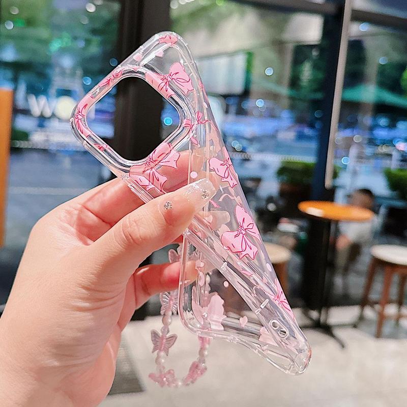 Bowknot Pattern Phone Case with Beaded Chain, Cute Decorative Phone Protector Cover, Phone Accessories Compatible with iPhone 15 14 13 12 11 XR iPhone 16 Pro Max Case Series