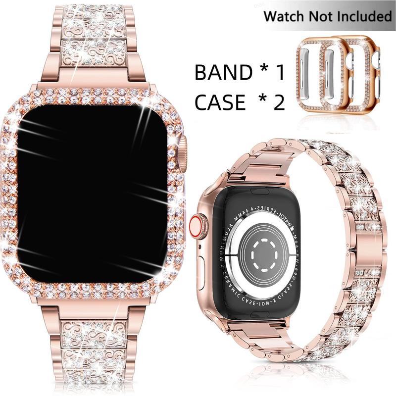 Rhinestone Decor Watch Band & Watch Case for Apple Watch (3 Counts), 1 Smart Watch Band & 2 Watch Case Compatible With iWatch 40mm 41mm 44mm 45mm, Wearable Accessories