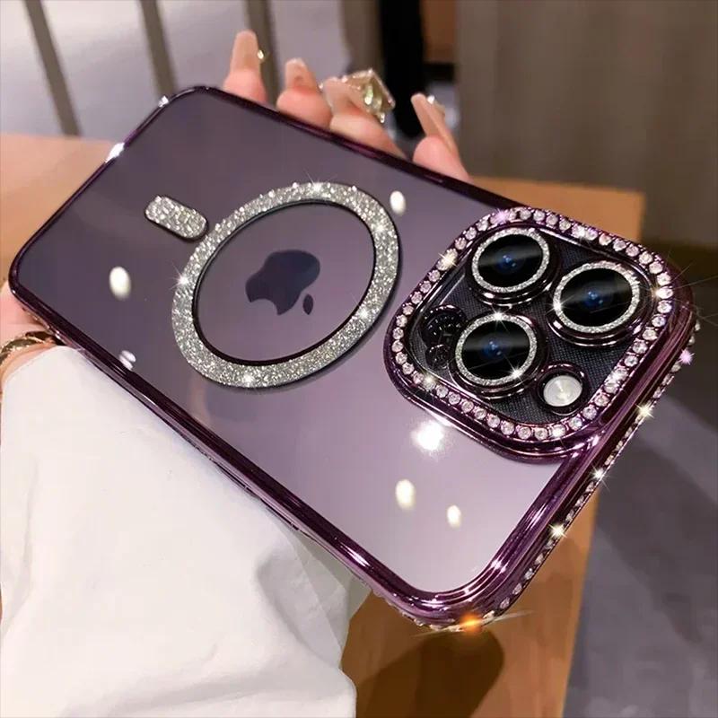 Bling Fashion Crystal Diamond Clear Case For iPhone 15 11 12 13 14 16 Pro Max Plus Sparkly Magsafe Magnetic Wireless Charging Cover