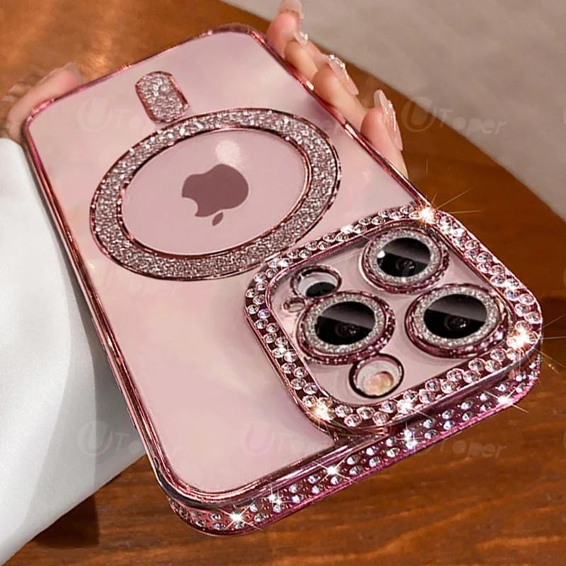 Bling Fashion Crystal Diamond Clear Case For iPhone 15 11 12 13 14 16 Pro Max Plus Sparkly Magsafe Magnetic Wireless Charging Cover