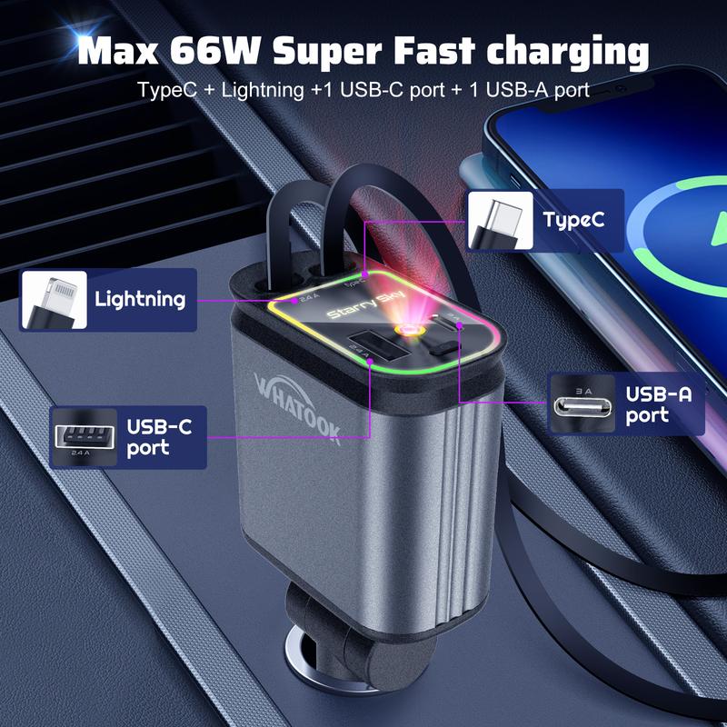 WHATOOK 4 in 1 Retractable Car Charger with Star Light, Super Fast USB Type C Charger for Samsung Galaxy, iPad