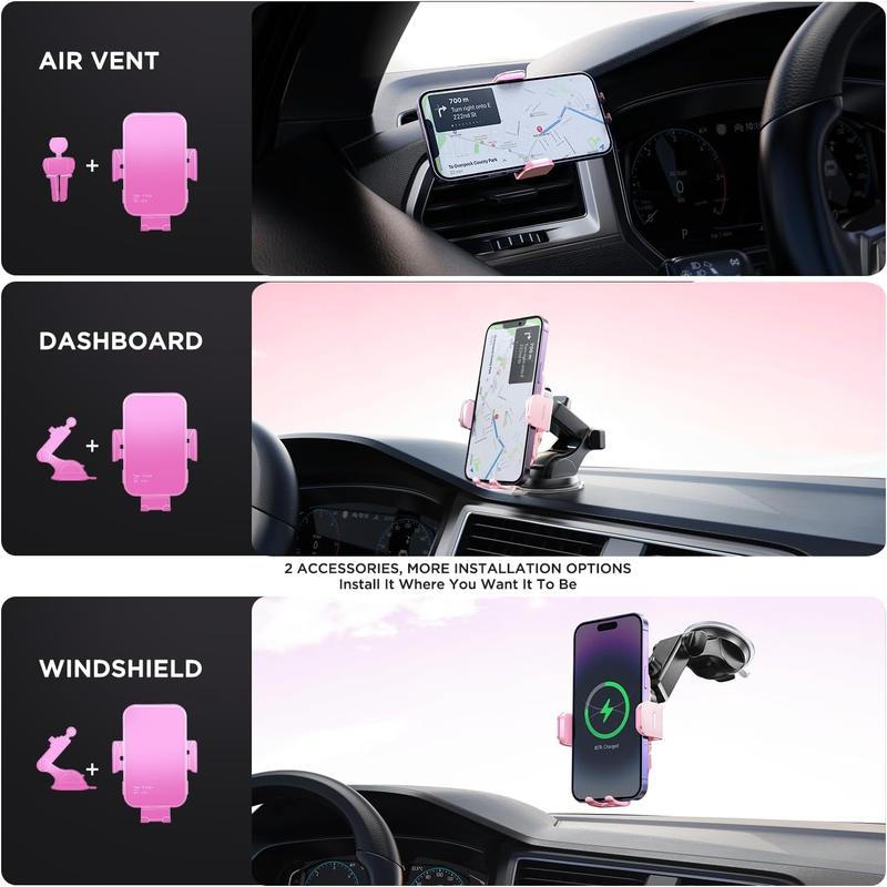 Wireless Car Charger, 15W Auto Clamping Car Charger Phone Mount Holder fit for iPhone 14 13 12 Mini Pro Max 11 XR XS,  Galaxy S23 Ultra S22 S21+ S10+ Note 20, etc - Pink