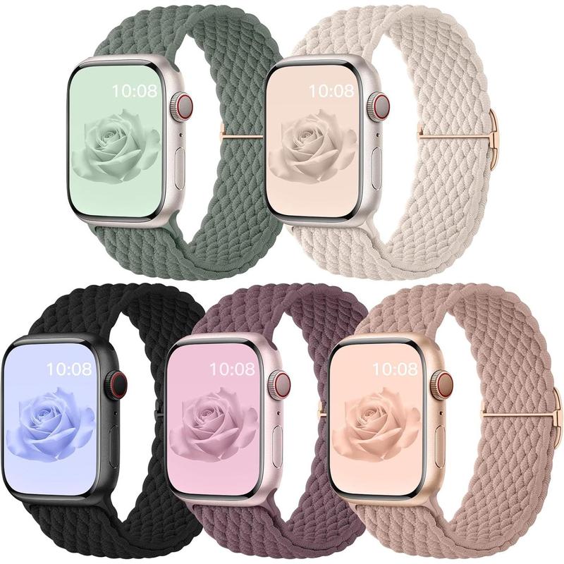 5 pack Braided Stretchy Solo Loop Compatible with Apple Watch Bands 40mm 38mm 41mm 44mm 45mm 49mm 42mm for Women Men, Elastic Nylon Adjustable Sport Straps for iWatch Series 10 9 8 7 6 5 4 3 SE Ultra