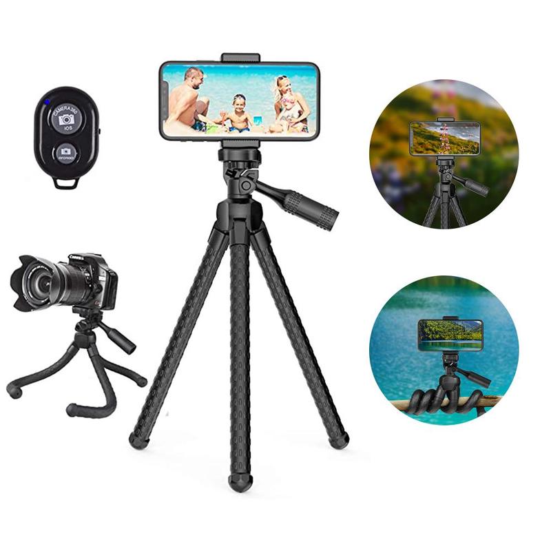 Flexible Phone Camera Tripod Stand Holder,with Bluetooth Remote,Compact, Adjustable Legs, Durable Design,Waterproof,for iPhone XR XS Max XS X,Android Samsung Galaxy(Black)