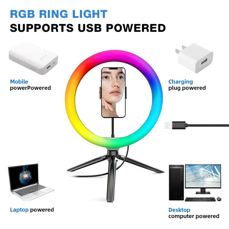 10 Inch Ring Fill Light With Tripod Stand, Multiple Mode Selfie RGB Ring Light, Adjustable Display Professional Selfie Light Kit For Makeup Live Streaming