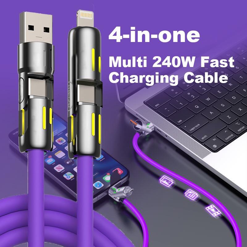 4-in-1 USB Charging Cable, fast charging cable USB A+ TYPE C + Lightning Multi national aluminum alloy cable management suitable for iPhone 16 15 14 Samsung Galaxy, Android Phones & Tablets iPad Pro Smartphone Cellphone Mobile Electronic,fashion trends