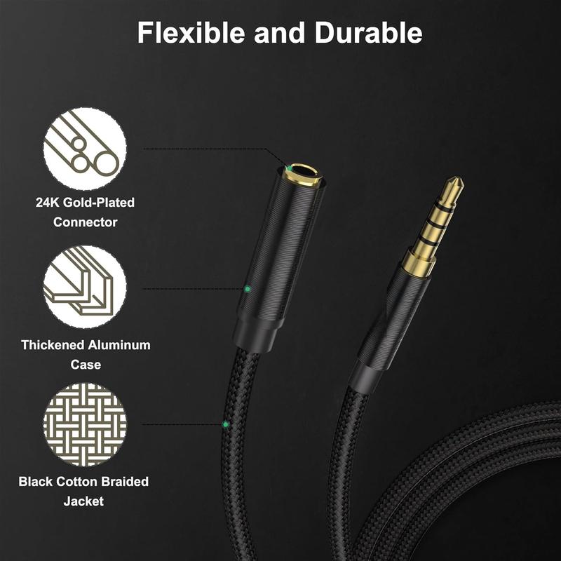 3.5mm Headphone Extension  20FT, 4 Pole TRRS 1 8 inch Male to Female Stereo Audio Cord, Nylon Braided, Microphone Compatible, for Headphone, iPad, Smartphone, Media Players, Tablet- Slim