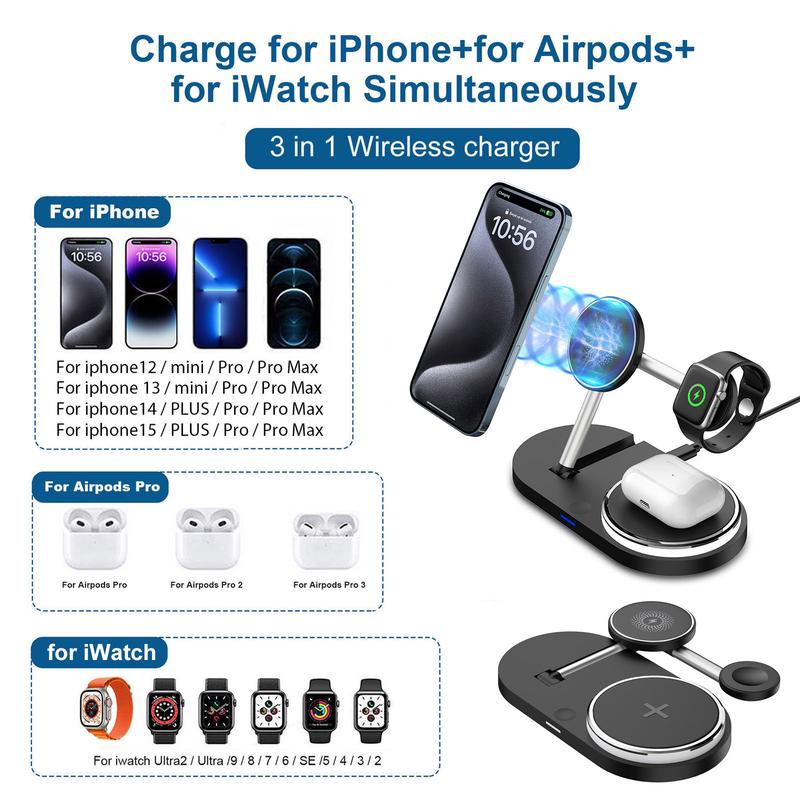 FDGAO 3 in 1 Wireless Charging Station for Apple Magnetic Charger Stand for iPhone 16 15 14 13 12, 15W Foldable Fast Charging Station for Apple Watch Ultra 10 9 8 7 6 5 SE 4 3 2,Airpods Pro 3 2