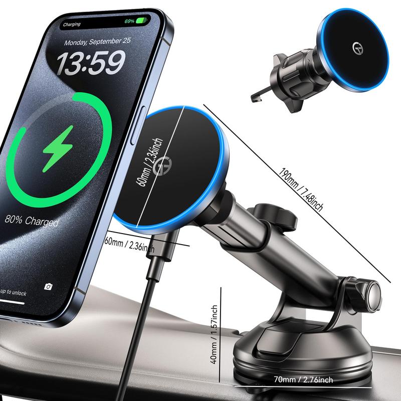 Magnetic Car Phone Holder, 360° Rotatable Car Phone Holder with LED Light, Wireless Car Charger Phone Holder for iPhone 15 14 13 12 Series, Gifts for Boyfriend