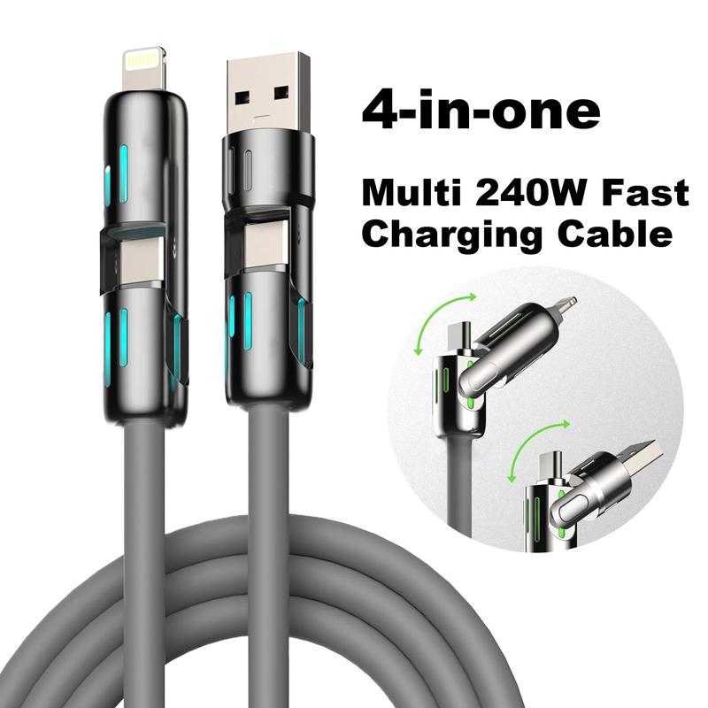 4-in-1 USB Charging Cable, fast charging cable USB A+ TYPE C + Lightning Multi national aluminum alloy cable management suitable for iPhone 16 15 14 Samsung Galaxy, Android Phones & Tablets iPad Pro Smartphone Cellphone Mobile Electronic,fashion trends