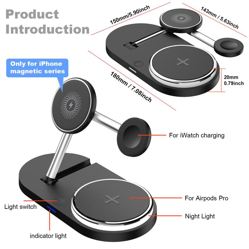 FDGAO 3 in 1 Wireless Charging Station for Apple Magnetic Charger Stand for iPhone 16 15 14 13 12, 15W Foldable Fast Charging Station for Apple Watch Ultra 10 9 8 7 6 5 SE 4 3 2,Airpods Pro 3 2