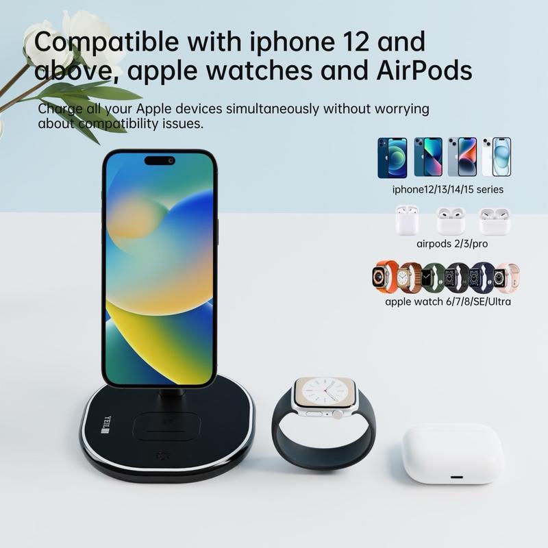 YEIL “ProCharge” 3-in-1 Wireless Charger MagSafe Compatible Wireless Charger Stand for iPhone 12, 13, 14, 15, iWatch and AirPods.