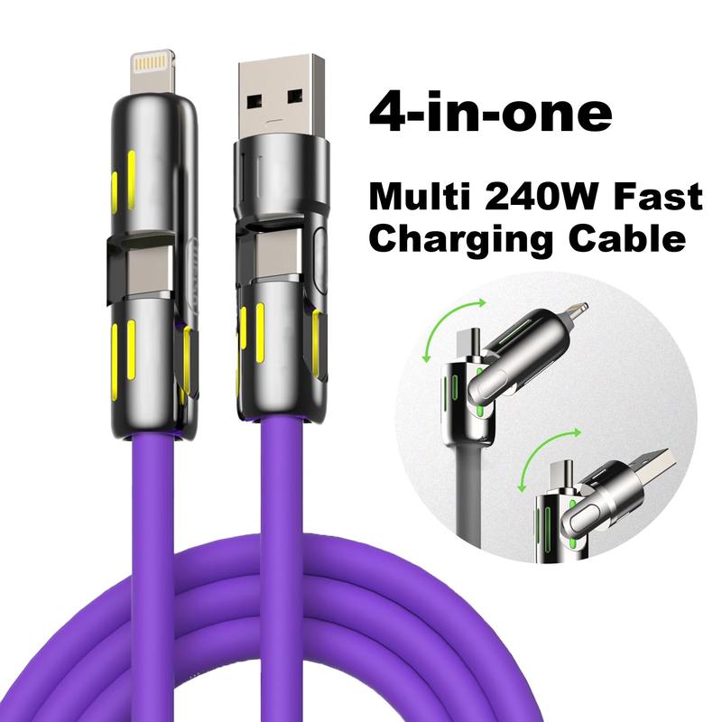 4-in-1 USB Charging Cable, fast charging cable USB A+ TYPE C + Lightning Multi national aluminum alloy cable management suitable for iPhone 16 15 14 Samsung Galaxy, Android Phones & Tablets iPad Pro Smartphone Cellphone Mobile Electronic,fashion trends