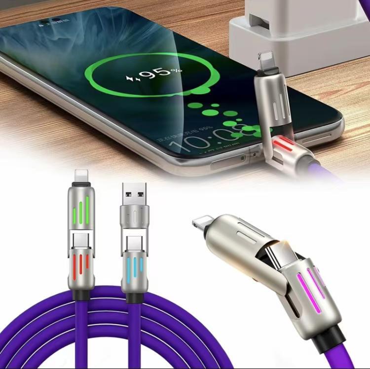 USB C Cable, 240W 4 in 1 Multi Charging Cable USB Charger Cable with Breathing Light, Combo L Port Type C USB A Fast Charging Cord for iPhone Pro Max Laptop Samsung Device Charging, 5FT-Purple