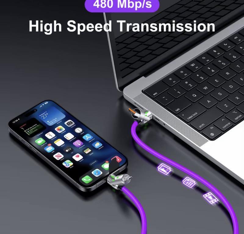 2PCS 240w 4-in-1 USB C Cable Multi Charger Cable with Breathing Light, PD 5A Multi Fast Charging & Data Sync Silicone Compatible for iPhone Samsung Laptop Multi Device Charging, (Purple)