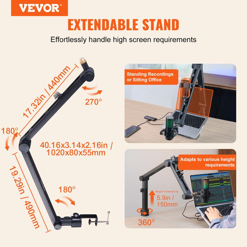 VEVOR Microphone Boom Arm with Desk Mount, 360° Rotatable, Adjustable Mic Stand with 3 8