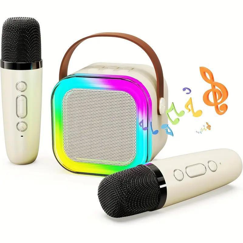 Portable Mini Karaoke Speaker with 2 Microphones, Rechargeable Wireless Outdoor Speaker with RGB Light, 3D Surround Sound Home Singing Karaoke Wireless Outdoor Audio Speaker for Smartphone, PC & More