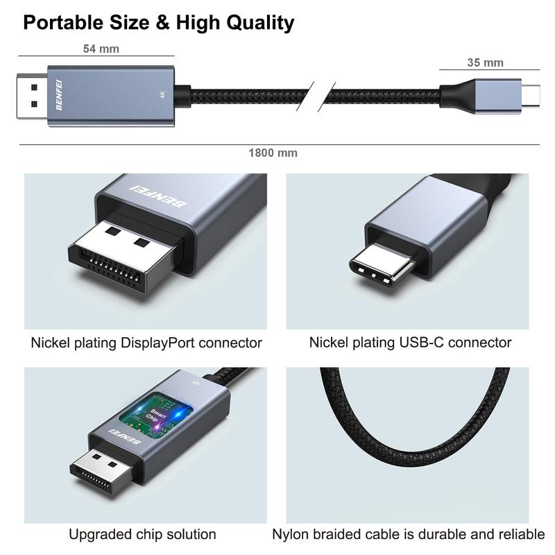 BENFEI 8K USB-C to DisplayPort 6 Feet Cable USB Type-C to DP Thunderbolt 3 4 Compatible Accessories Plug