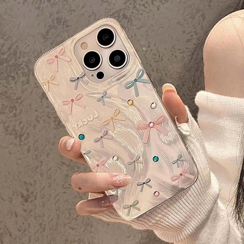 Bowknot Pattern Phone Case, Faux Pearl Decorative Anti-fall Phone Protector Cover, Shockproof Cellphone Protective Case, Phone Accessories Compatible With iPhone 11 12 13 14 15 Pro Max Series, Phone Case