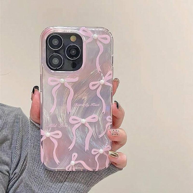 Bowknot Pattern Phone Case, Faux Pearl Decorative Anti-fall Phone Protector Cover, Shockproof Cellphone Protective Case, Phone Accessories Compatible With iPhone 11 12 13 14 15 Pro Max Series, Phone Case