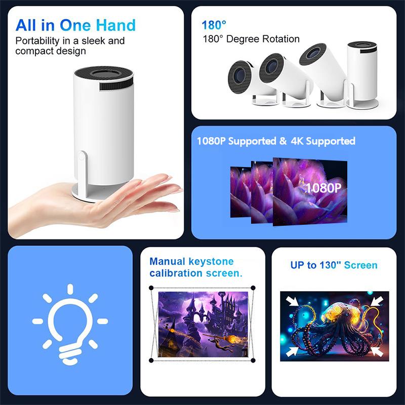 Mini Portable Projector, Wi-Fi 6 and Bluetooth 5, supports 4K 1080P decoding can be rotated 180° , 130' screen movie TV home projector. Built-in Android 11 for bedroom outdoor, support laptop smartphone PC, tiktok store best Christmas gift!