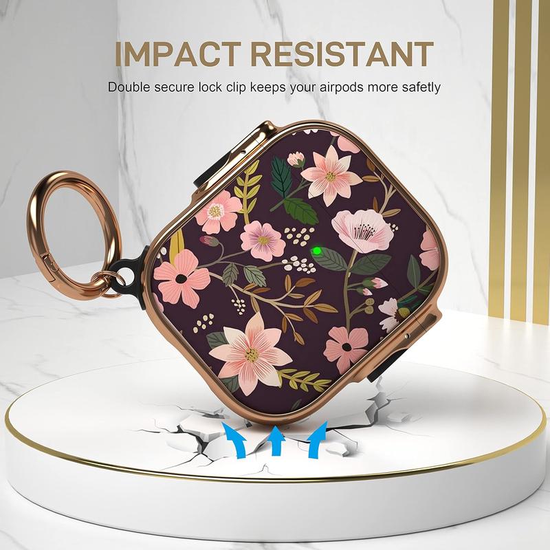 for AirPods Case Cover with Lock, Floral AirPod 2 Case Hard Protective iPod Cover for Women Men with Keychain Lock Clip Compatible AirPod 2nd 1st Gen  Case 2&1, Flower