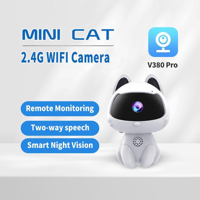 Portable Mini Cat Design Home Security Camera with Card, 1 Box 2.4GHz Wi-Fi Wireless Security Cameras, Color Night Vision Video Surveillance Camera Security, Small Cam for Caring Young or Elderly People