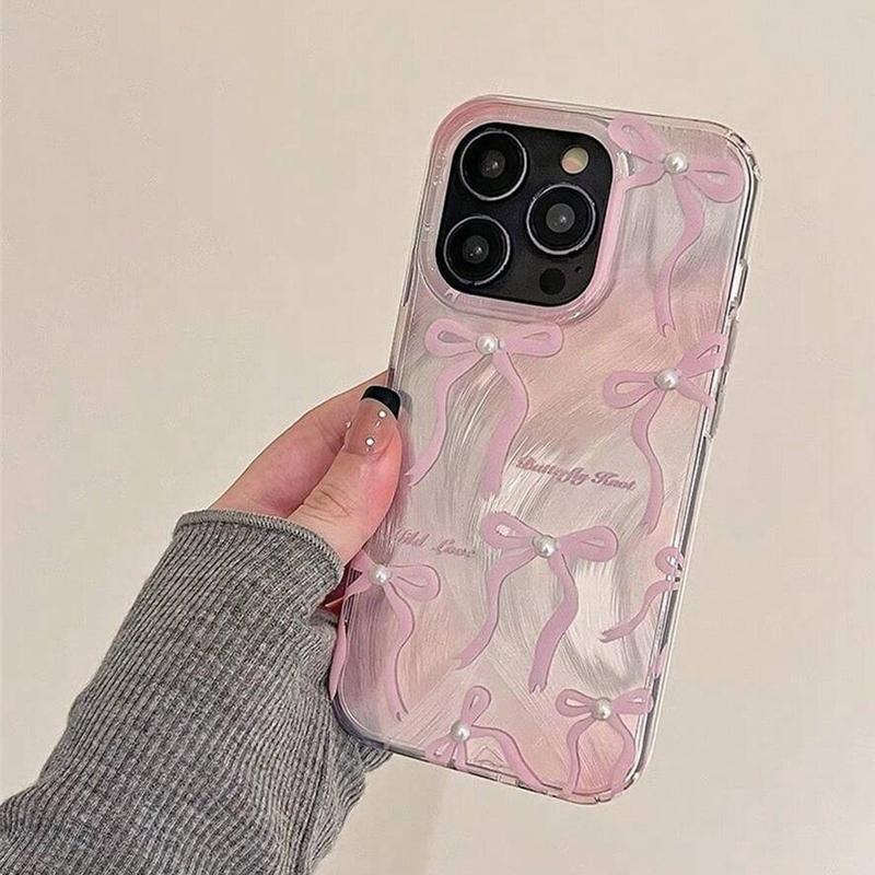 Bowknot Pattern Phone Case, Faux Pearl Decorative Anti-fall Phone Protector Cover, Shockproof Cellphone Protective Case, Phone Accessories Compatible With iPhone 11 12 13 14 15 Pro Max Series, Phone Case