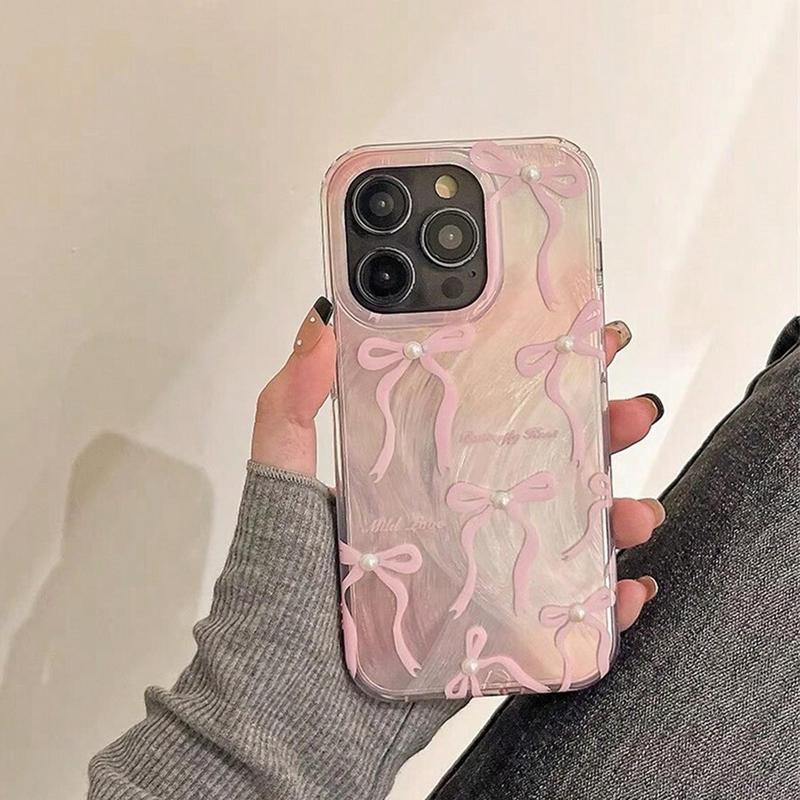 Bowknot Pattern Phone Case, Faux Pearl Decorative Anti-fall Phone Protector Cover, Shockproof Cellphone Protective Case, Phone Accessories Compatible With iPhone 11 12 13 14 15 Pro Max Series, Phone Case