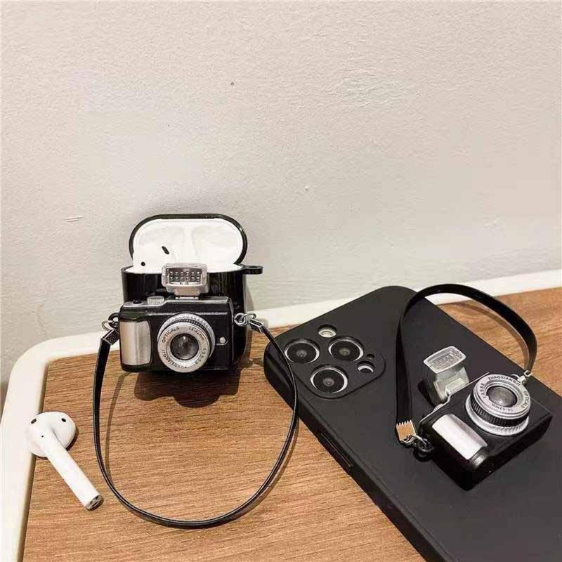 Retro Camera Design Earphone Case With Lanyard for Music Festival, 1 Count Shockproof Vintage Camera Decorative Earphone Protective Cover Compatible With AirPods 1 2 3 Pro Pro2