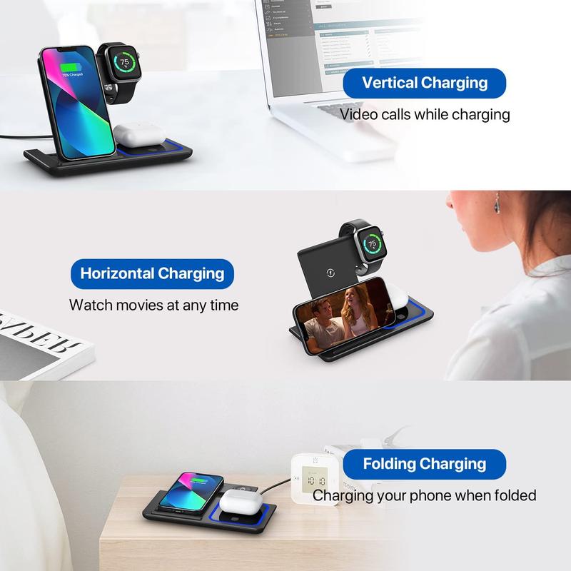 GY-Z5G 3 in 1 Wireless Charging Station, Fast Wireless Charger Standfor iPhone 15 14 13 12 11 Pro Max XS XR X 8 Plus,for Apple Watch 8 7 6 5 4 3 2 SE, forAirPods 3 2 Pro Cellphone Devices Smartphone Mobile Electronic