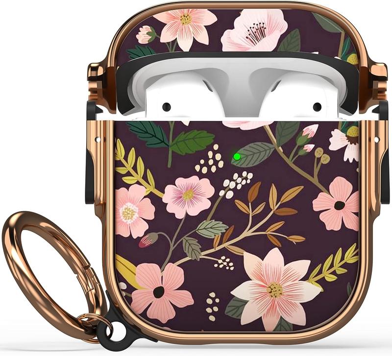 for AirPods Case Cover with Lock, Floral AirPod 2 Case Hard Protective iPod Cover for Women Men with Keychain Lock Clip Compatible AirPod 2nd 1st Gen  Case 2&1, Flower