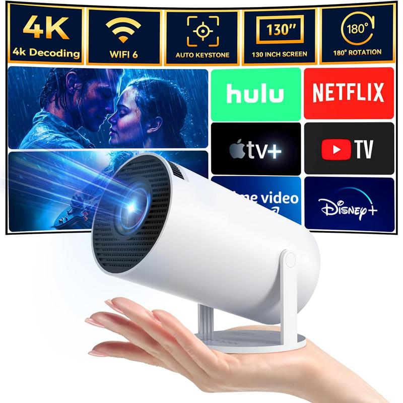 Mini Projector 4K 1080P Support, Portable Projector WiFi6 BT 5.0 Android 11, Smart Projector Auto Horizontal Correction,180°Rotatable Outdoor Movie Projector Compatible with Phone Audio