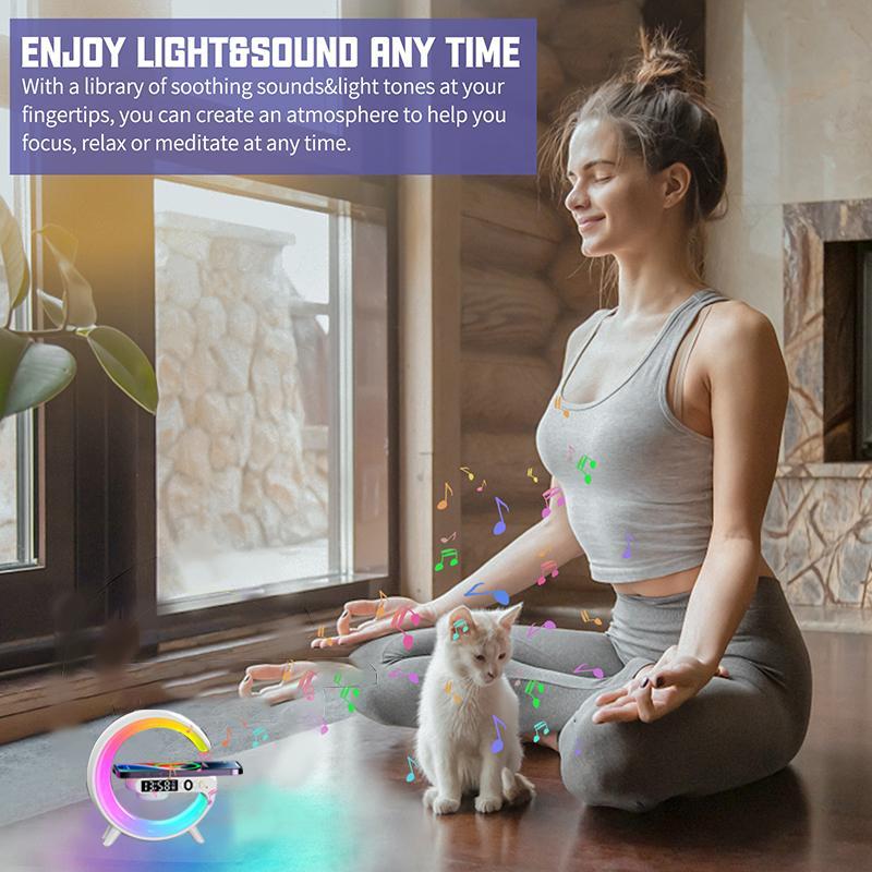 Wireless Speaker with RGB Night Light & Alarm Clock, Multifunctional Wireless Speaker, Sound System, 5W Wireless Charger Station for iPhone Samsung Xiaomi Huawei, Bluetooth-compatible Speaker